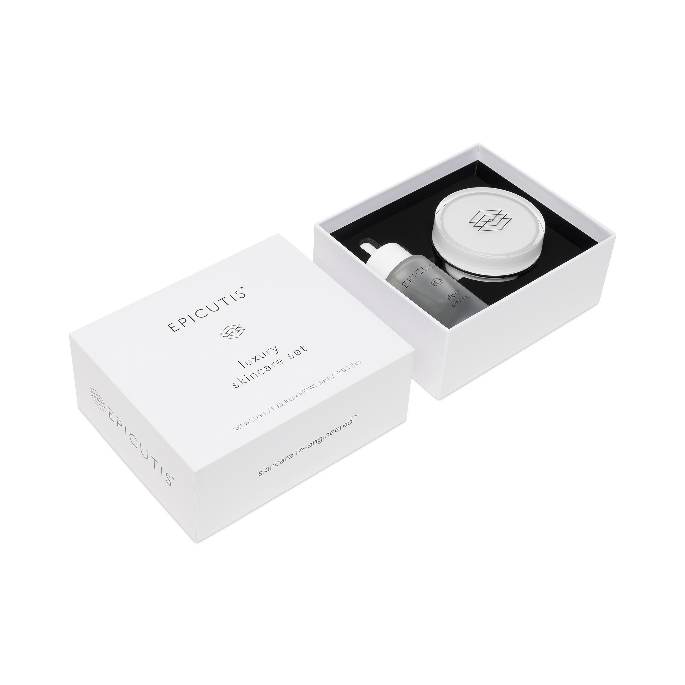 Epicutis skincare set in a white box on a white background includes lipid serum and hyvia cream. 