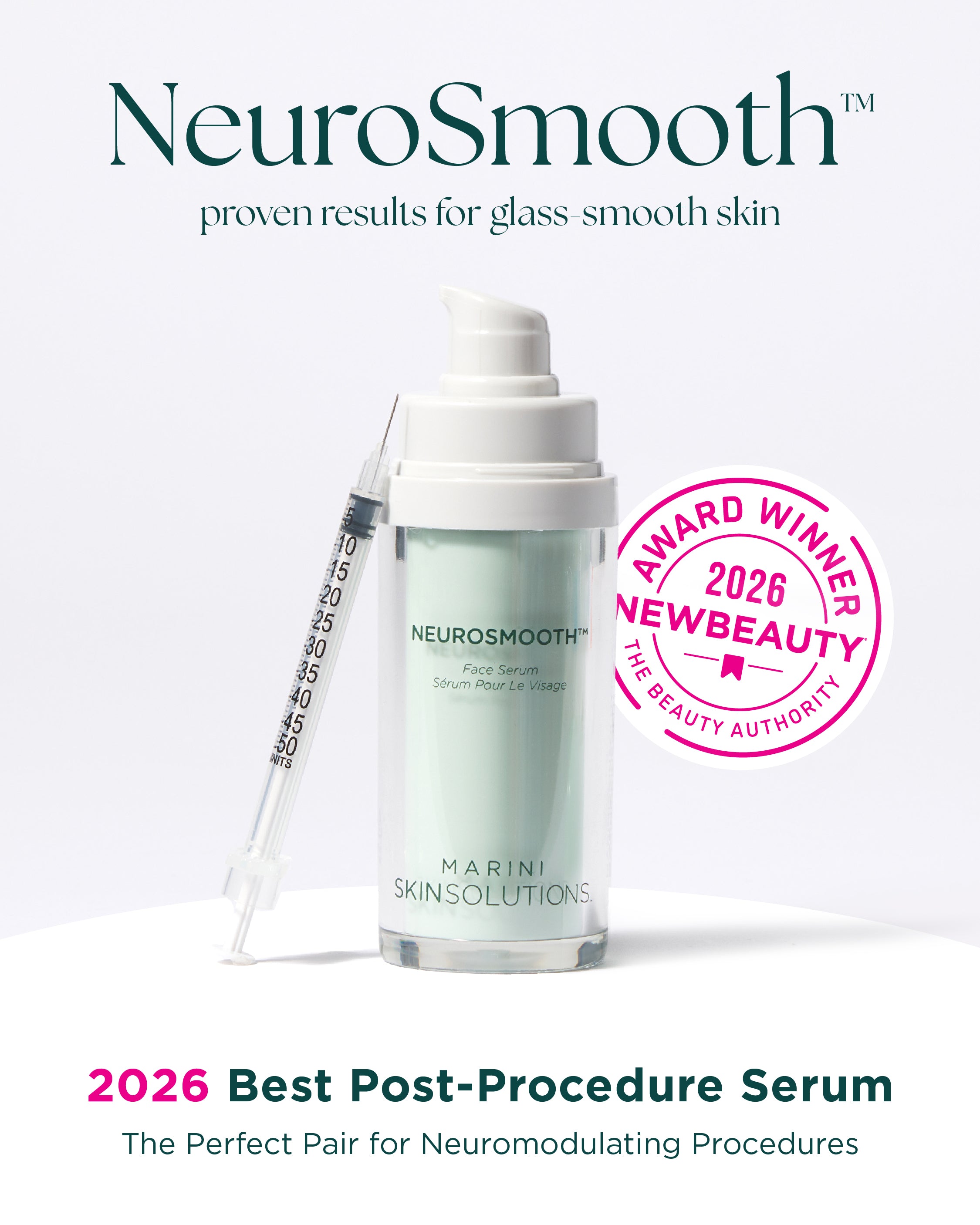 NeuroSmooth serum bottle with syringe on a white background, featuring an New Beauty award badge.