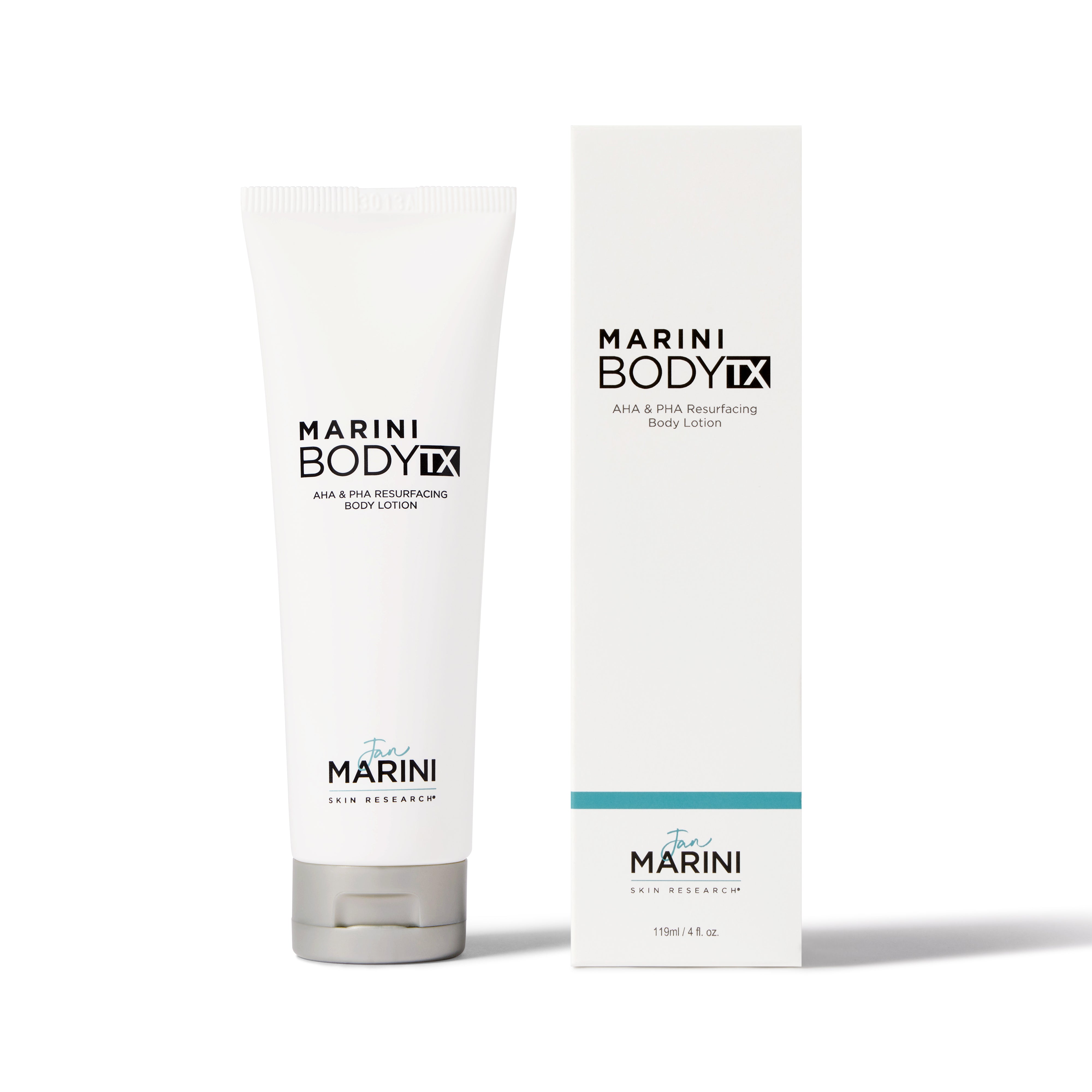 Marini Bodyfx body lotion tube and packaging on a white background