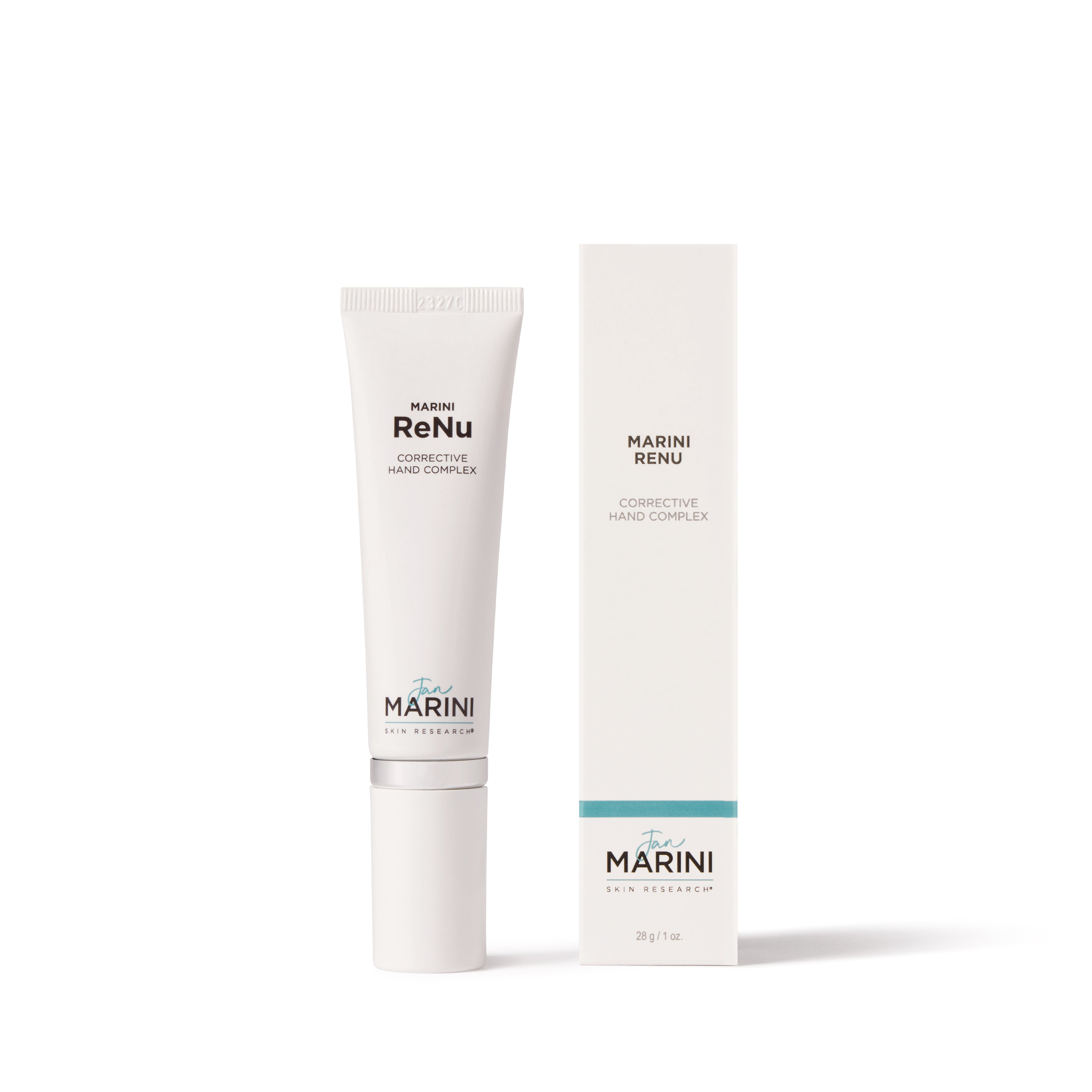 Marini ReNu corrective hand cream with packaging on a white background