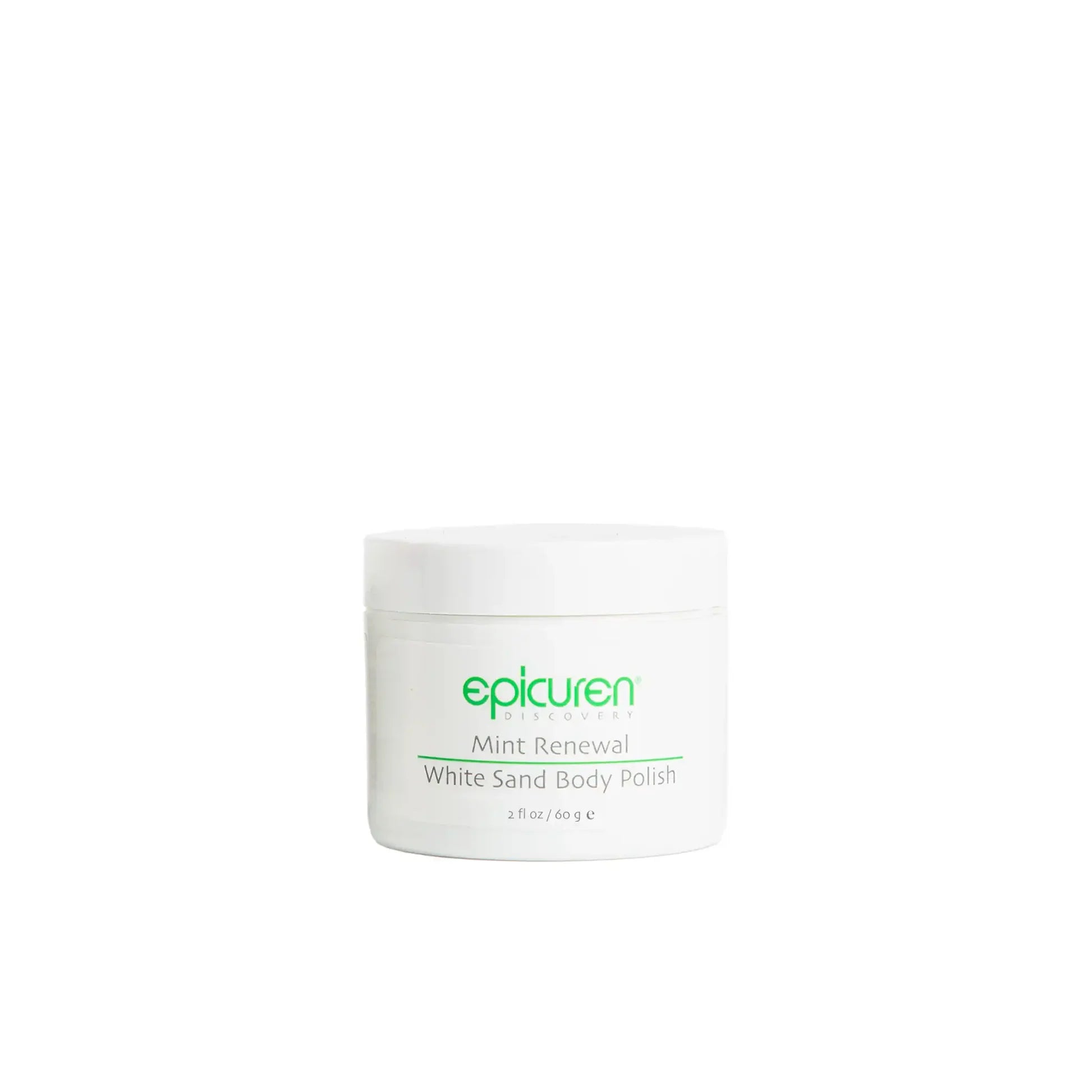 White jar of epicuren Mint Renewal White Sand Body Polish on a white background