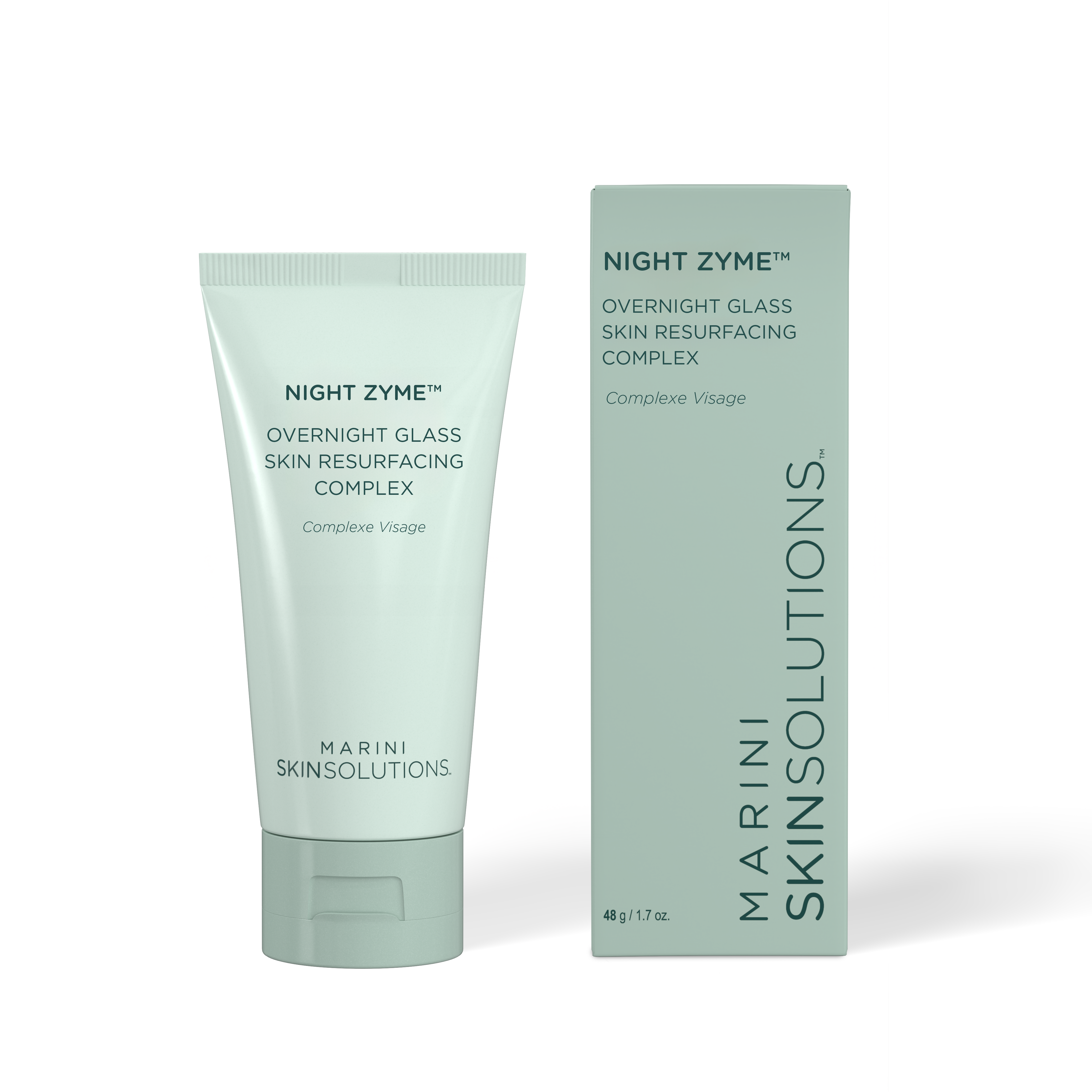 Tube and box of Night Zyme Overnight Glass Skin Resurfacing Complex by Marini Skinsolutions on a white background