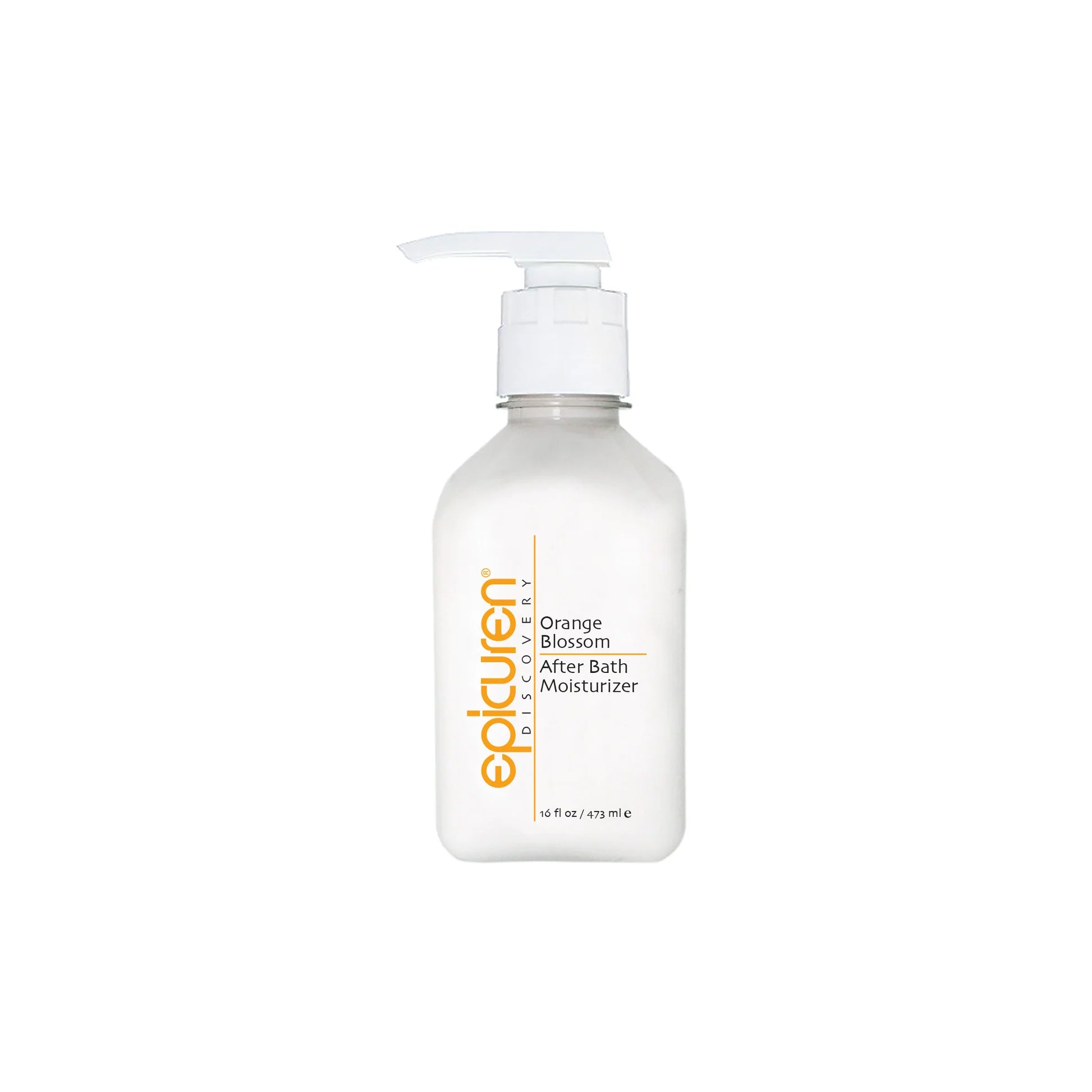Bottle of Epicurean Orange Blossom After Bath Moisturizer on a white background