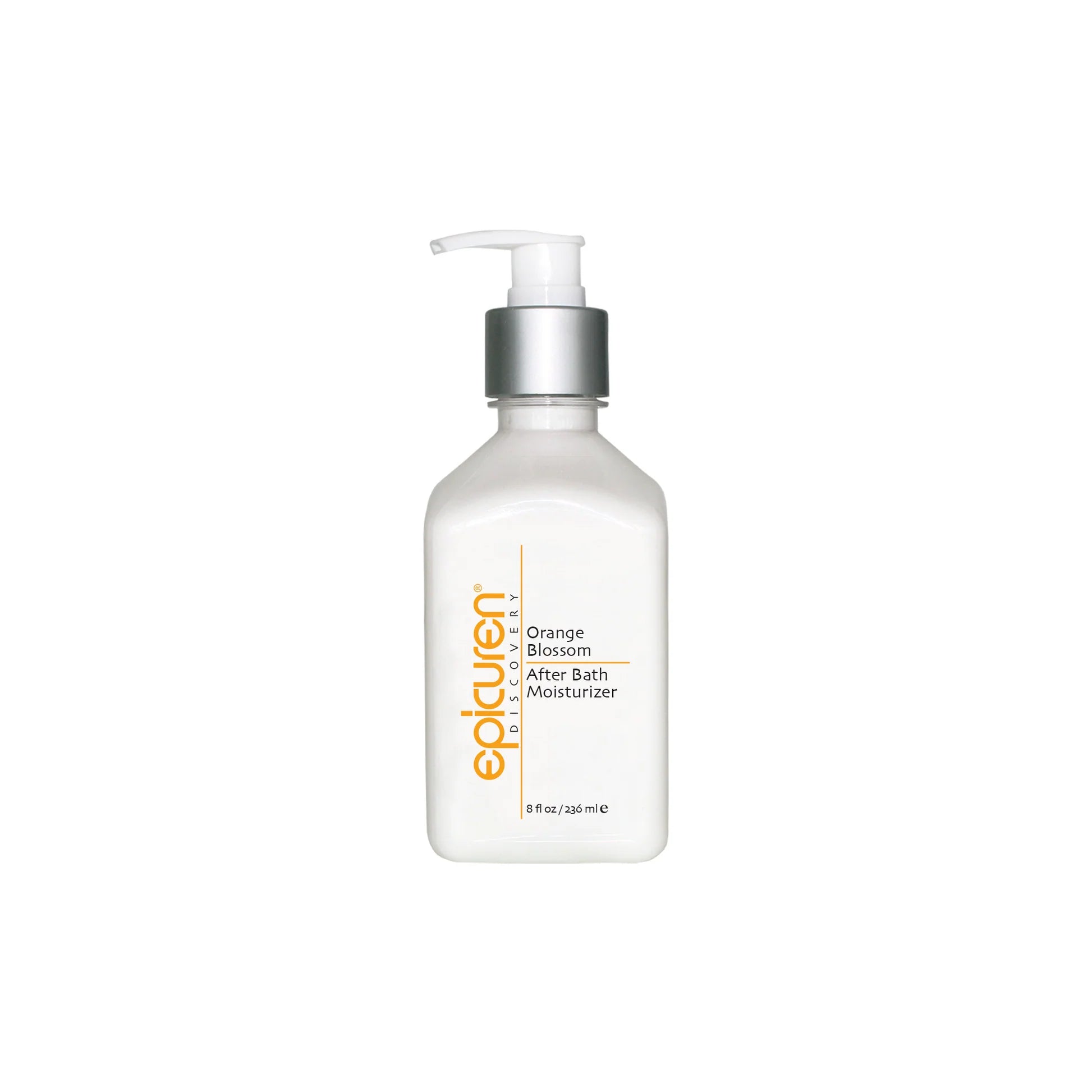 Epicuren Orange Blossom After bath moisturizer bottle with pump on a white background