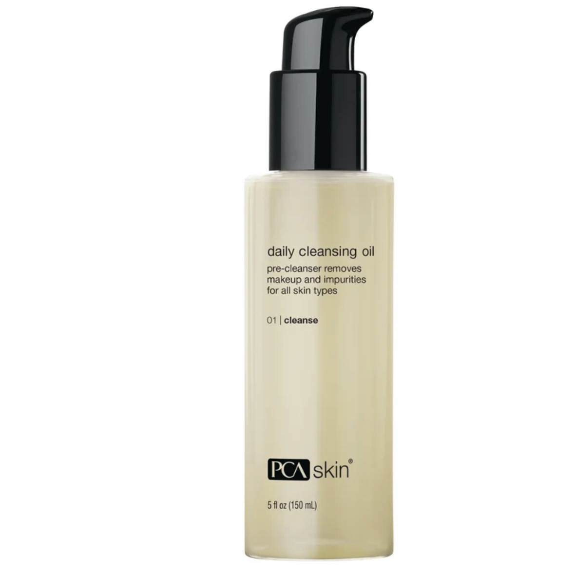 A 5 fl oz bottle of PCA skin daily cleansing oil with a black pump dispenser and a frosted beige bottle, shown against a plain white background.