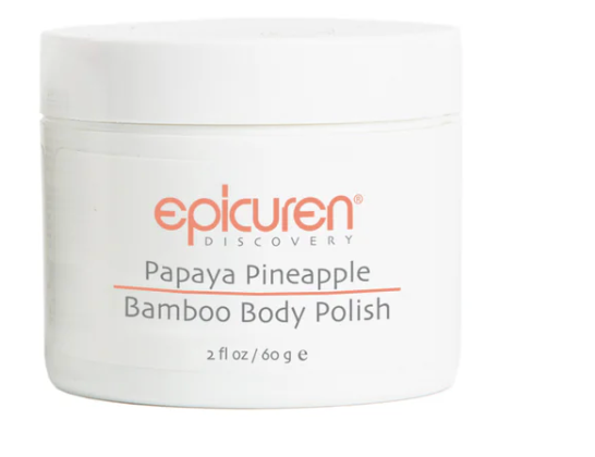 A white plastic jar of epicuren Discovery Papaya Pineapple Bamboo Body Polish, featuring orange and gray text on a clean white background.
