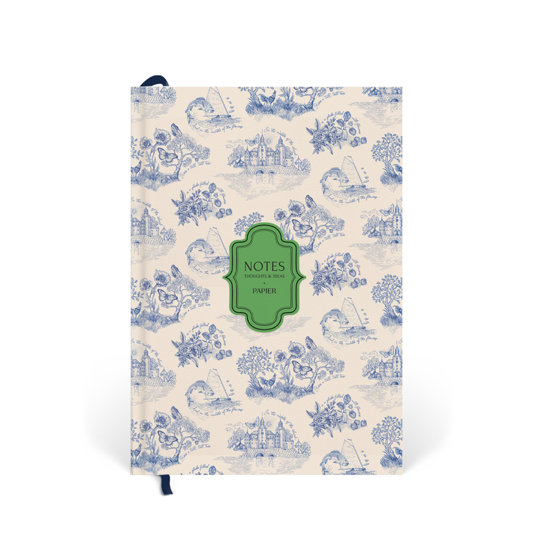 Notebook with blue floral pattern and green label on a white background