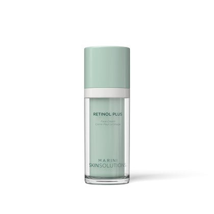 Skincare bottle labeled 'Retinol Plus ' by 'Marini Skinsolutions' on a white background