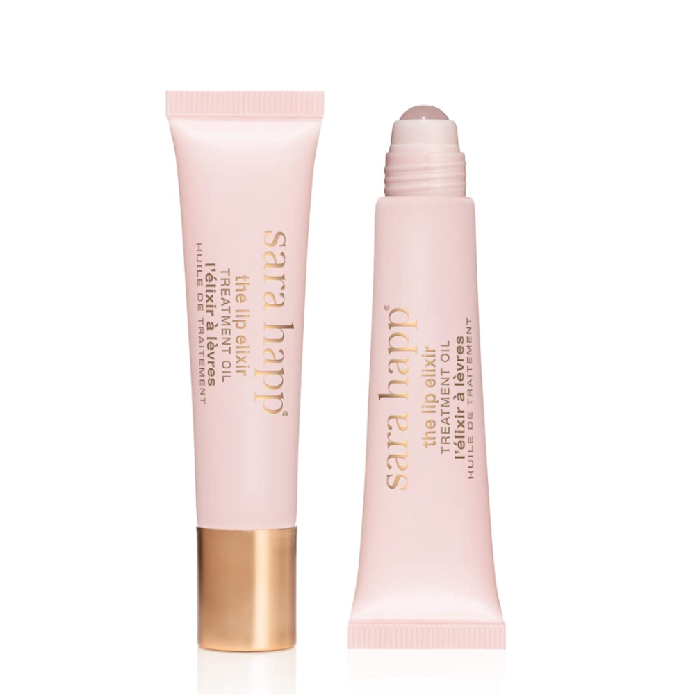 close up of the sara happ lip oil lip elixir.  one with cap on and one with cap off showing roller ball applicator.