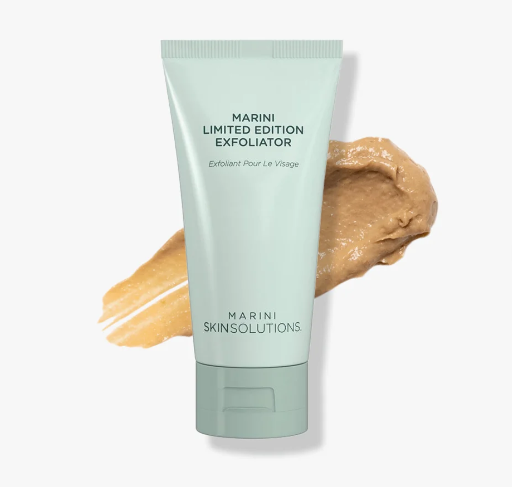 close up product photo of the marini limited edition exfoliator with a product splotch behind it. 