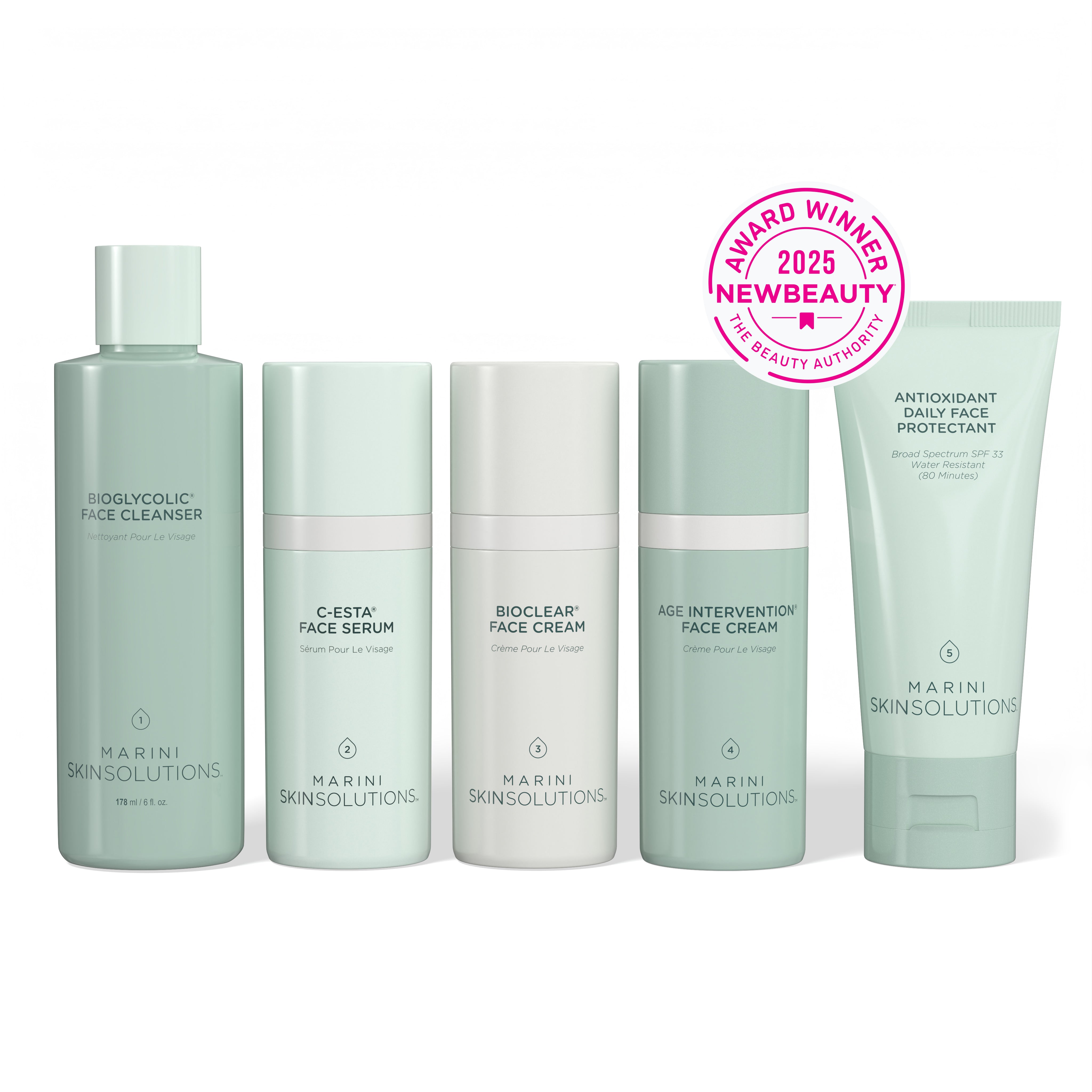 Set of 5 skincare products from Marini Skinsolutions with an award badge on a white background