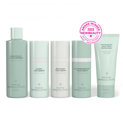 Set of 5 skincare products from Marini Skinsolutions with an award badge on a white background