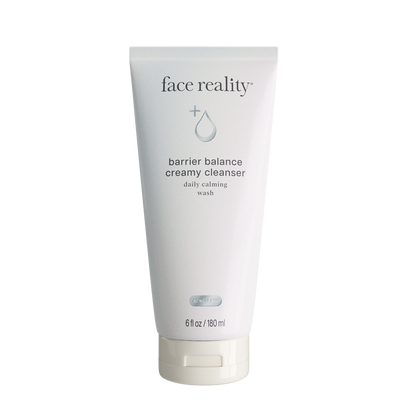 Tube of 'face reality' barrier balance creamy cleanser on a white background