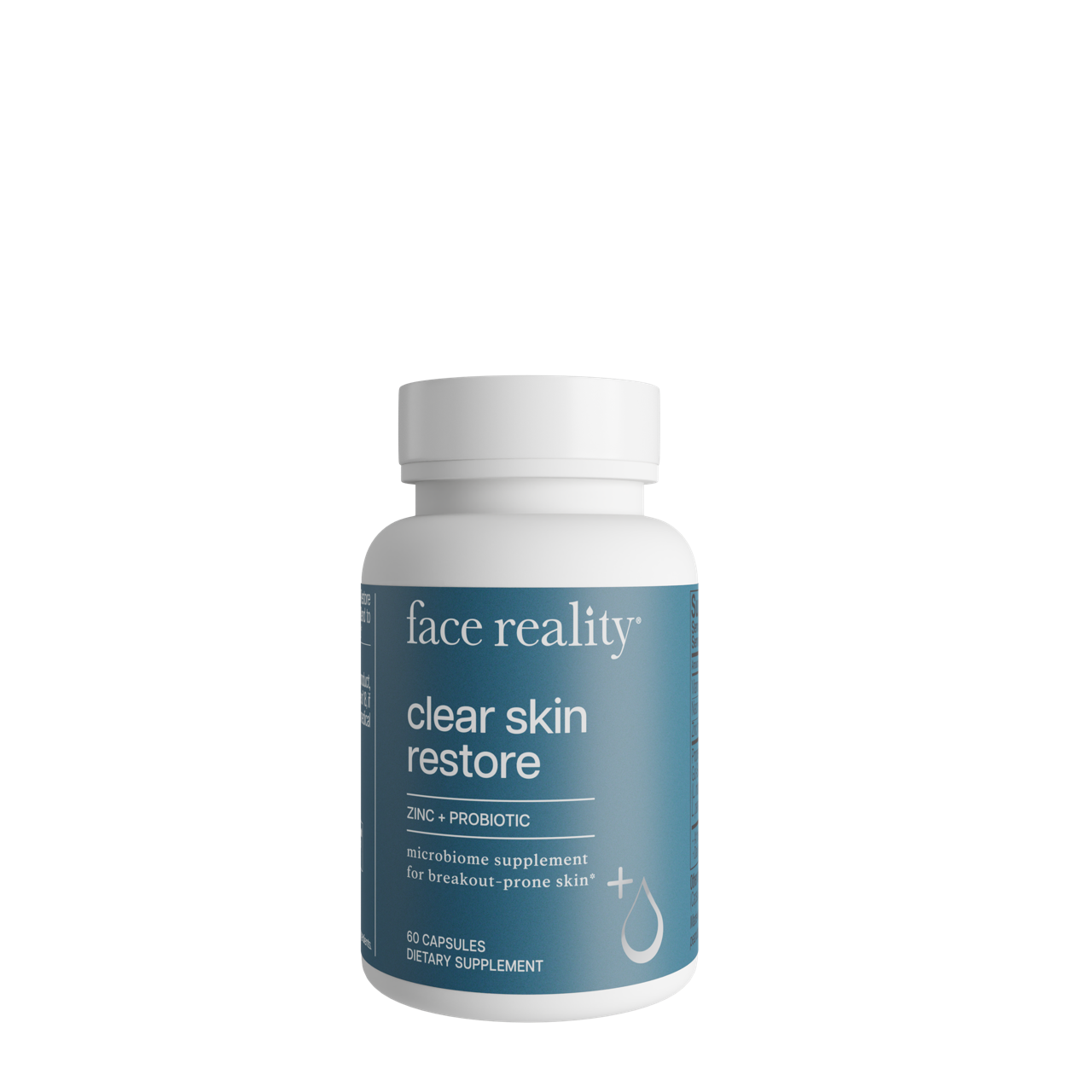 Supplement bottle labeled 'face reality clear skin restore' on a white background